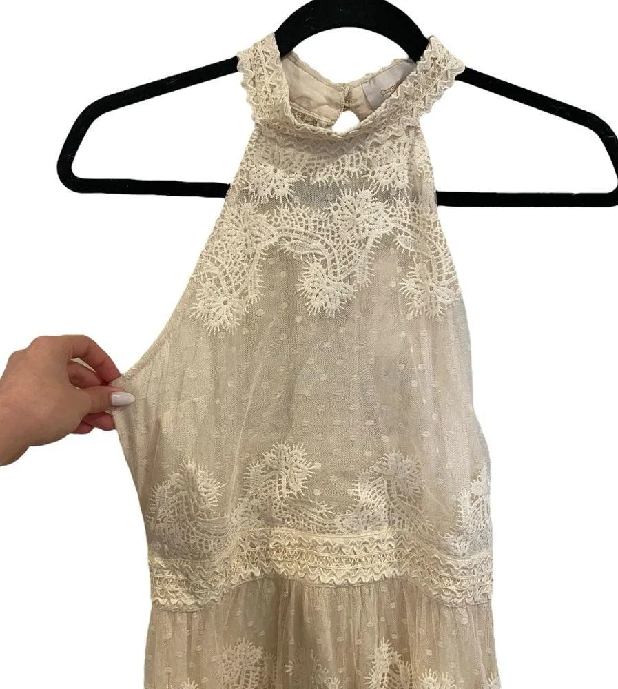 Champagne & Strawberry Tiered Maxi Dress With Crochet Trim & Floral Appliqué Tan - Image 3