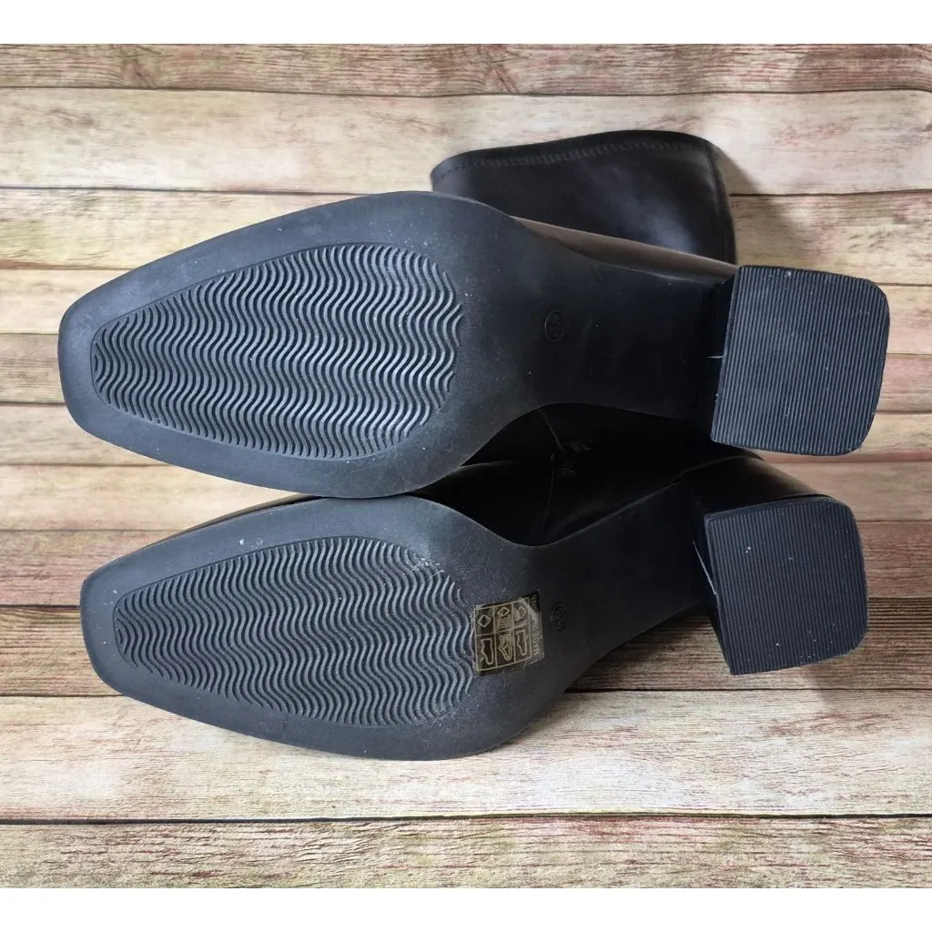 NWOT Chunky Block Heeled Black Faux Leather Knee High Boots Size 38 US 8 Classic - Image 9