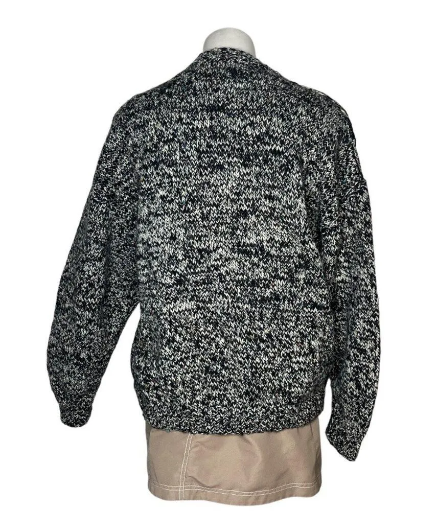 HANDMADE Black White Tweed Cardigan Silver Metal Buttons Crew Neck Womens Large - Image 2