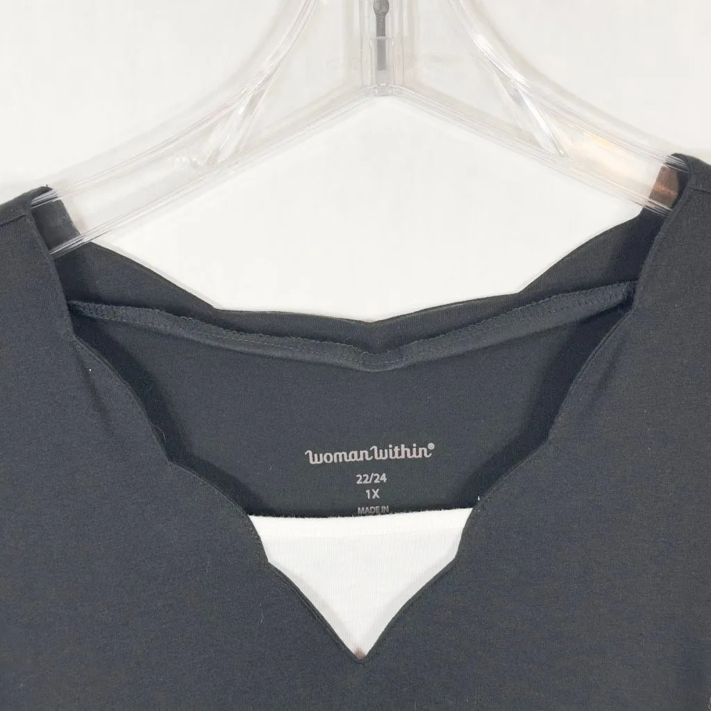 Woman Within Plus Size 1X 22W‎ 24W Top Black Short Sleeve Scalloped Neck 1603 - Image 3