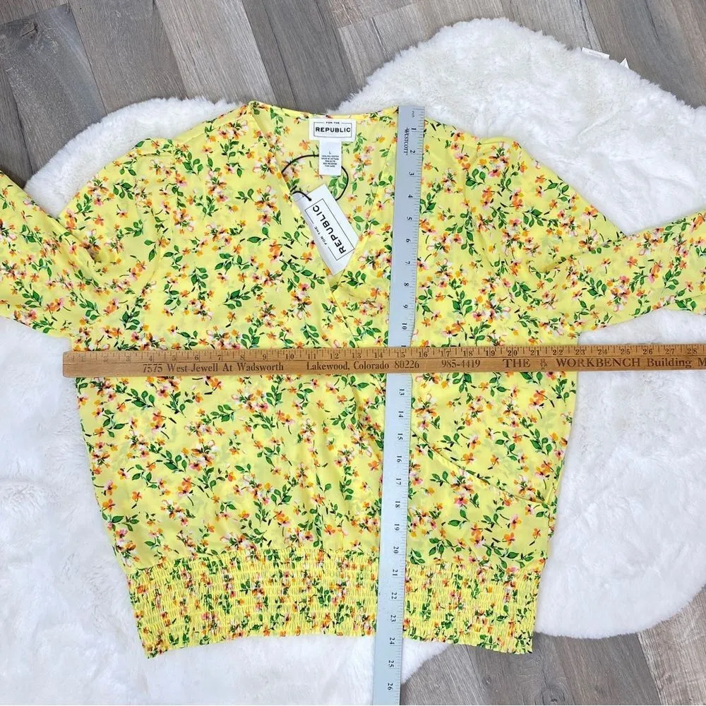 For The Republic Floral Bell Sleeve Surplice Blouse Yellow Large - Image 13