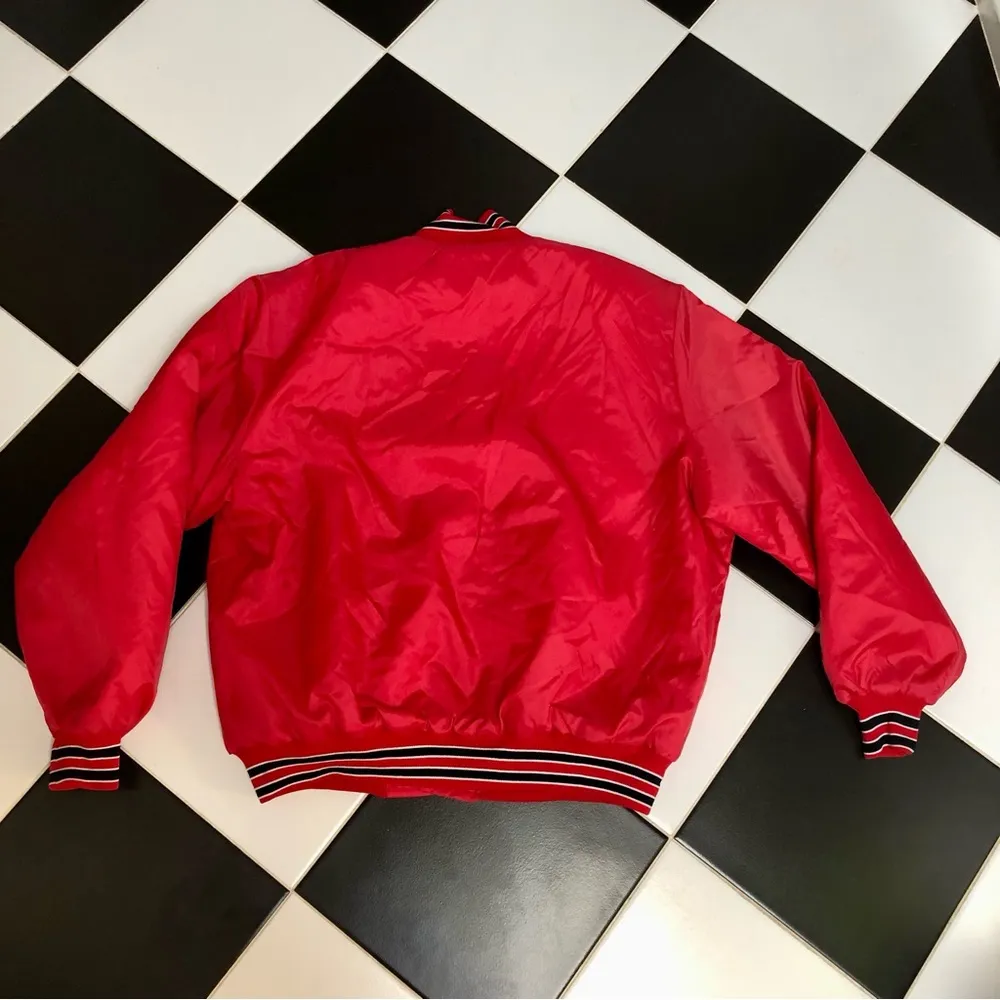 Vintage 70s 80s Bright Red Birdie Satin Varsity Jacket Bomber Portland Softball Size L - Image 10