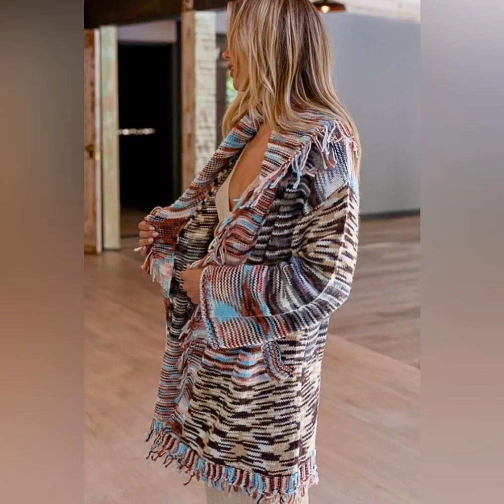 POL Sunset Ranch Tie Waist Midi Cardigan Women's Small‎ Brown Blue Tassel Fringe - Image 10