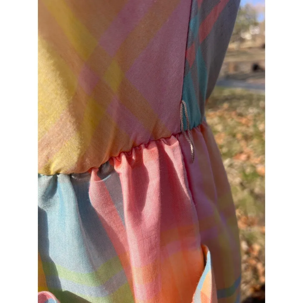 Vintage 80s Malouf Petite Bright Pastel Madras Plaid Dress with Pockets Size 8 Pink Size M - Image 8