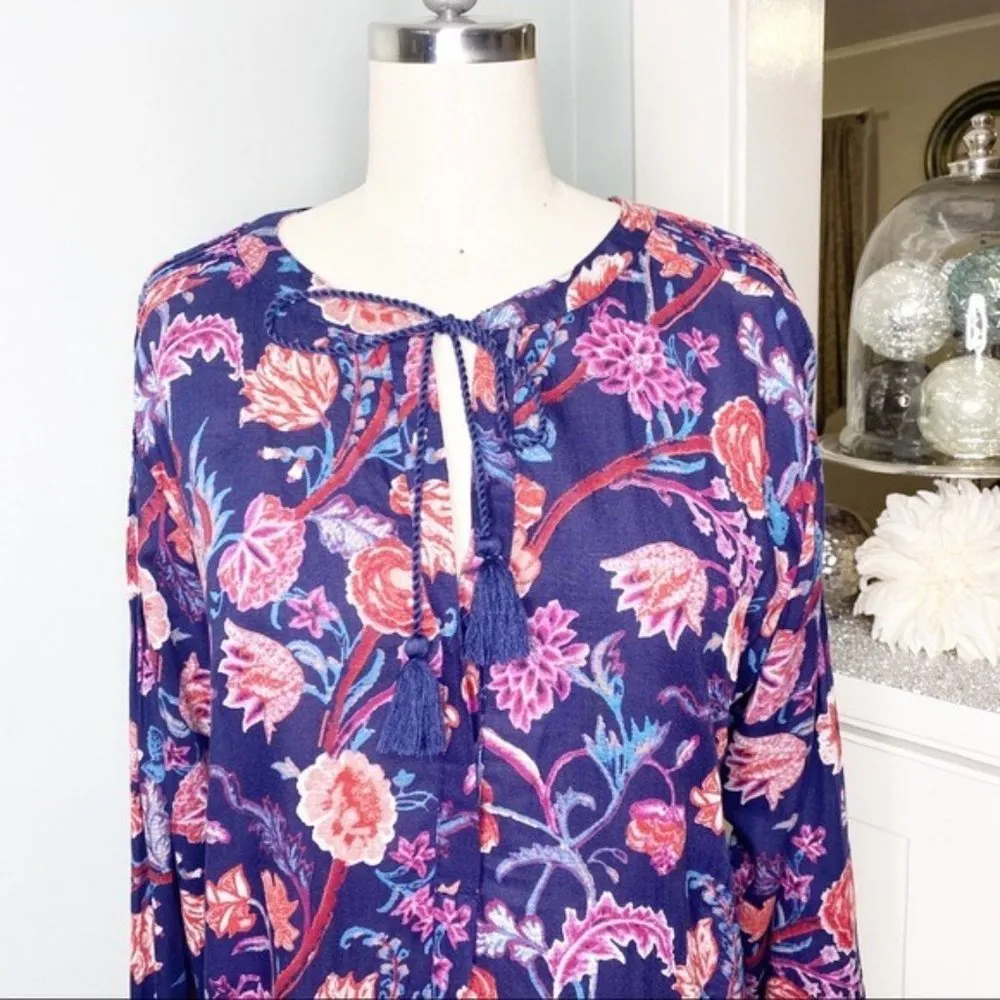 Lucky Brand Navy Blue Floral Printed Long Sleeve Peasant Blouse Top Large - Image 3