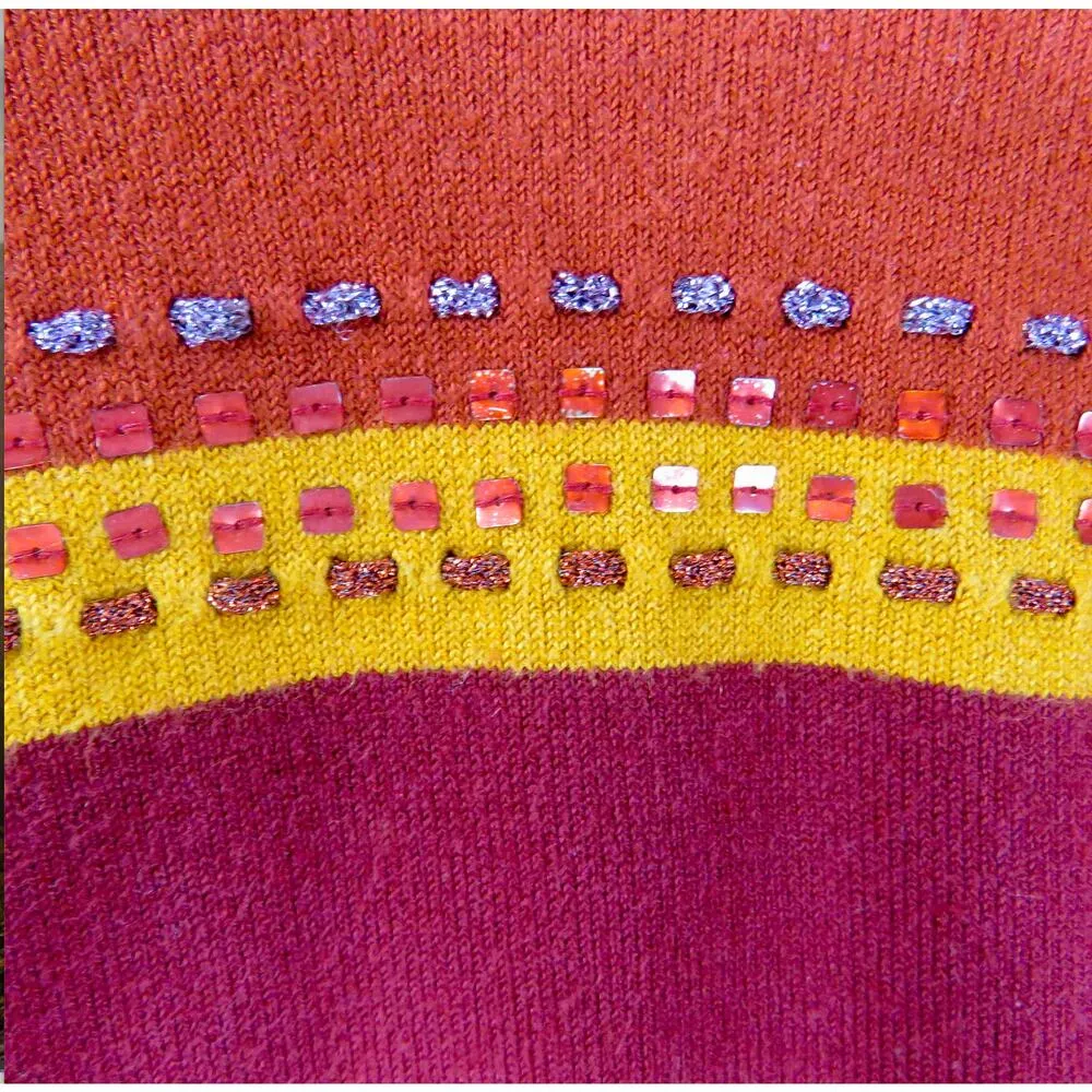 1990s Vintage Inc Pink Striped Colorblock Beaded V-Neck Sweater Large - Image 7