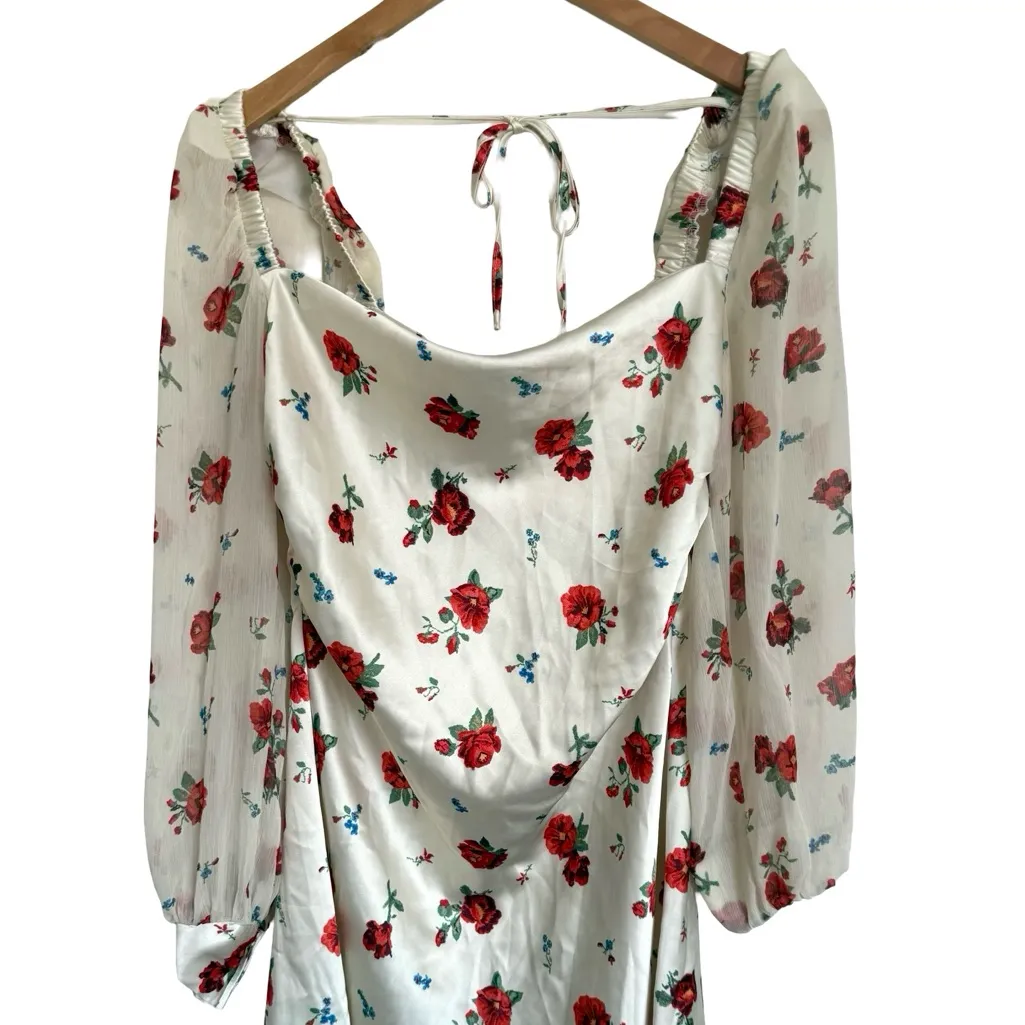 WeWoreWhat Dress 6 White Red Long Sleeve Roses Floral Puff Sleeve Cowl - Image 5