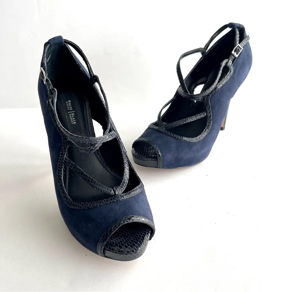 WHBM | Navy Blue Genuine Suede & Leather Peep Toe Strappy Heels Sz 8 - Image 2