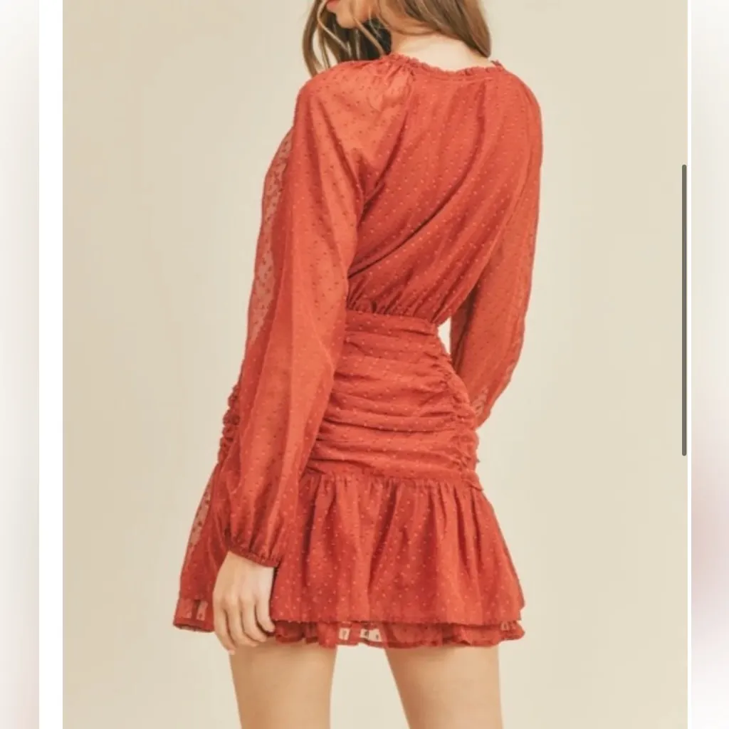 Floret Studios Mini Dress Womens Size S Rust Orange Swiss Dot Ruched Boho V Neck - Image 4