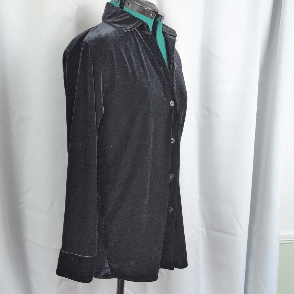 Vintage Ladies' Black Velour Button Up Shirt Medium - Image 3