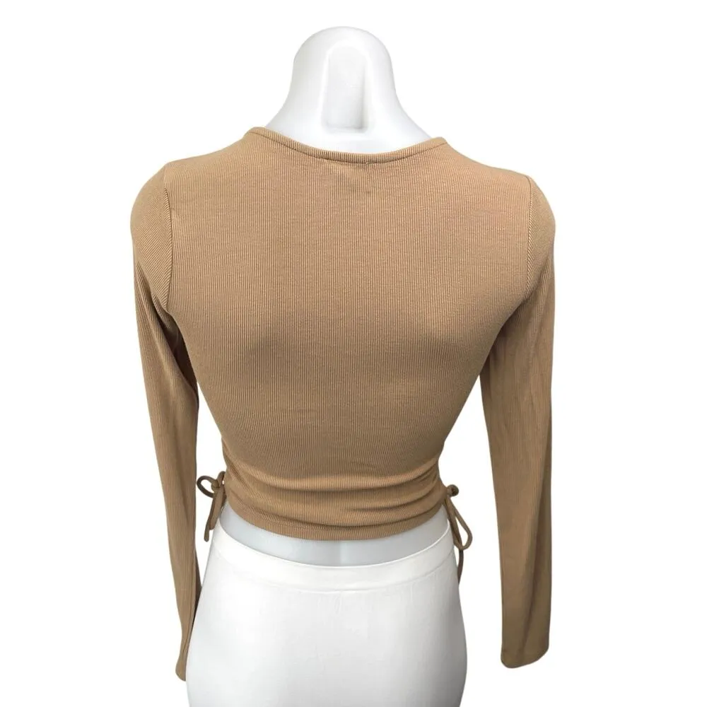 Princess Polly Noorie Brown Ruched Ties Long Sleeve Rib Knit Crop Sweater Top 4 - Image 2