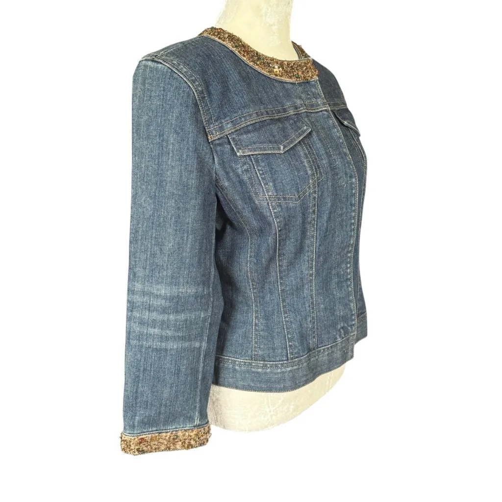 Elie Tahari 3/4 sleeve medium wash blue denim embellished jean jacket XS-S - Image 3