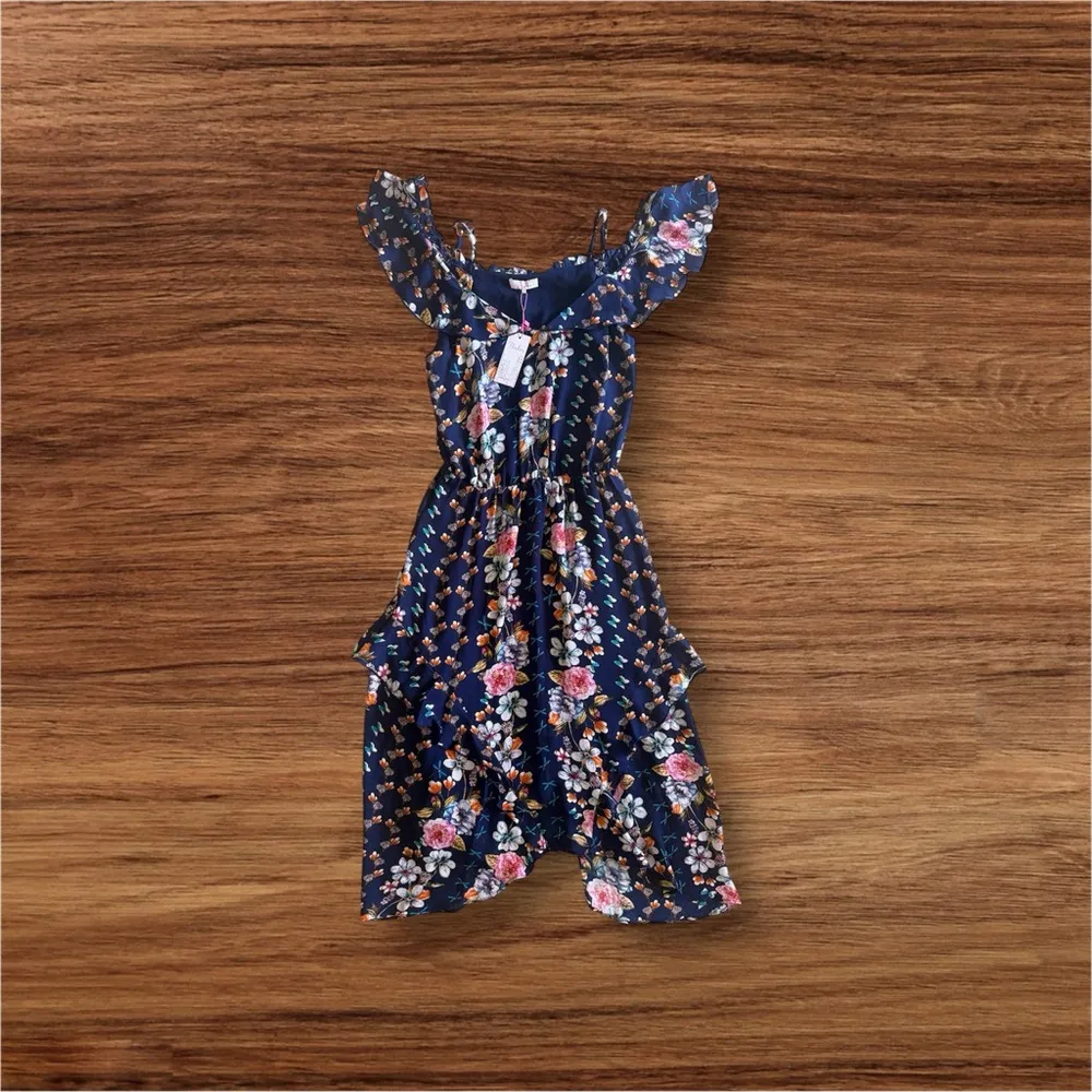 Parker dark blue background with floral print cold-shoulder ruffled sleeves M - Image 5