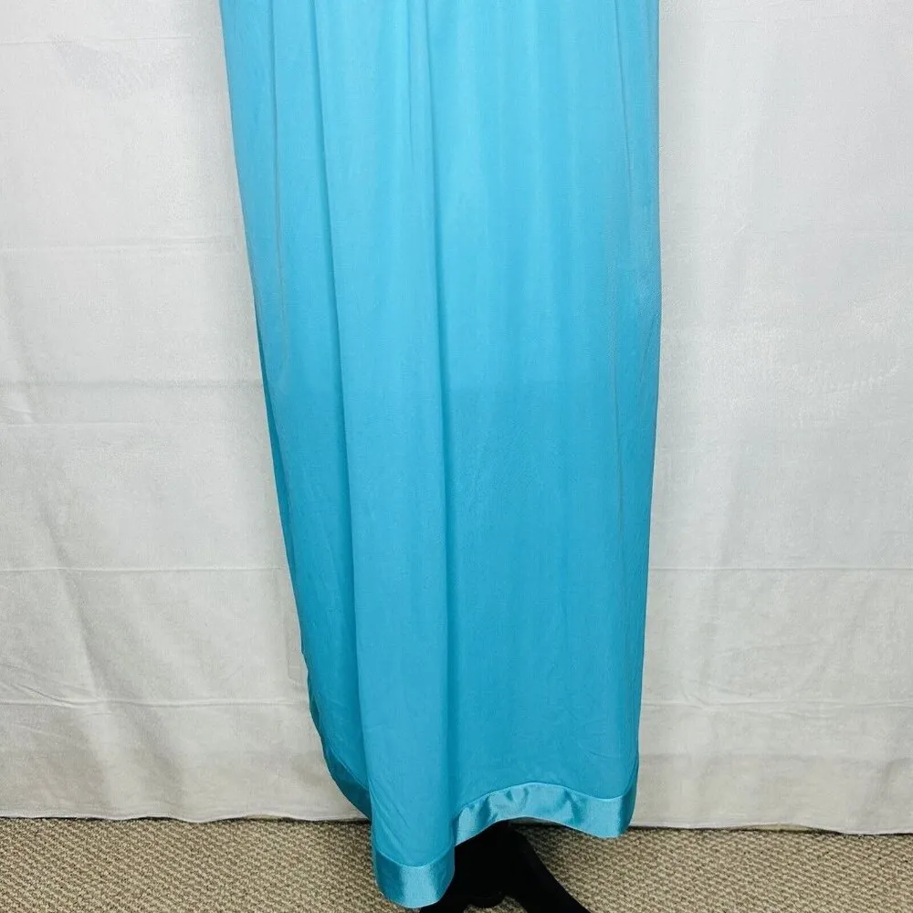 Vintage Vanity Fair Aqua Blue Sz M Nylon Embroidered Long Nightgown Sleeveless - Image 4