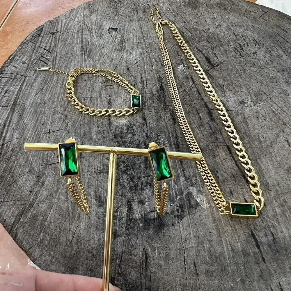 Gold Plated Tassel Emerald Green Earrings Stainless Steel Chain womens jewelry - Image 11