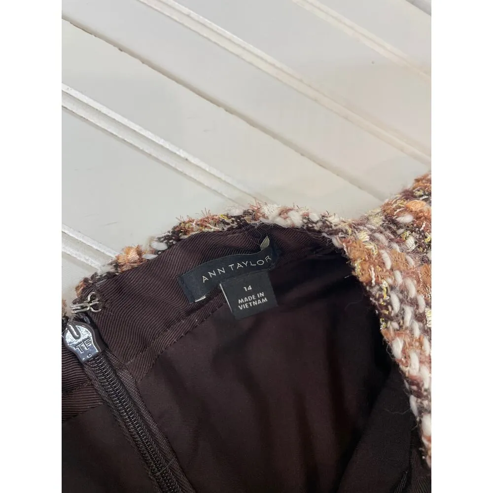 ANN TAYLOR Brown Tweed Mock Neck Metallic Shimmer Sheath Office Dress Size 14 - Image 7