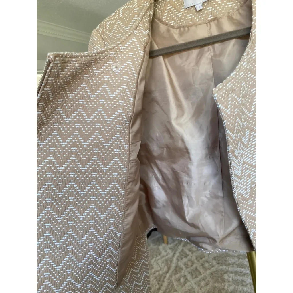 1.State Chevron Moto Jacket Beige White Textured S Cotton Parisian Scandi Preppy - Image 5