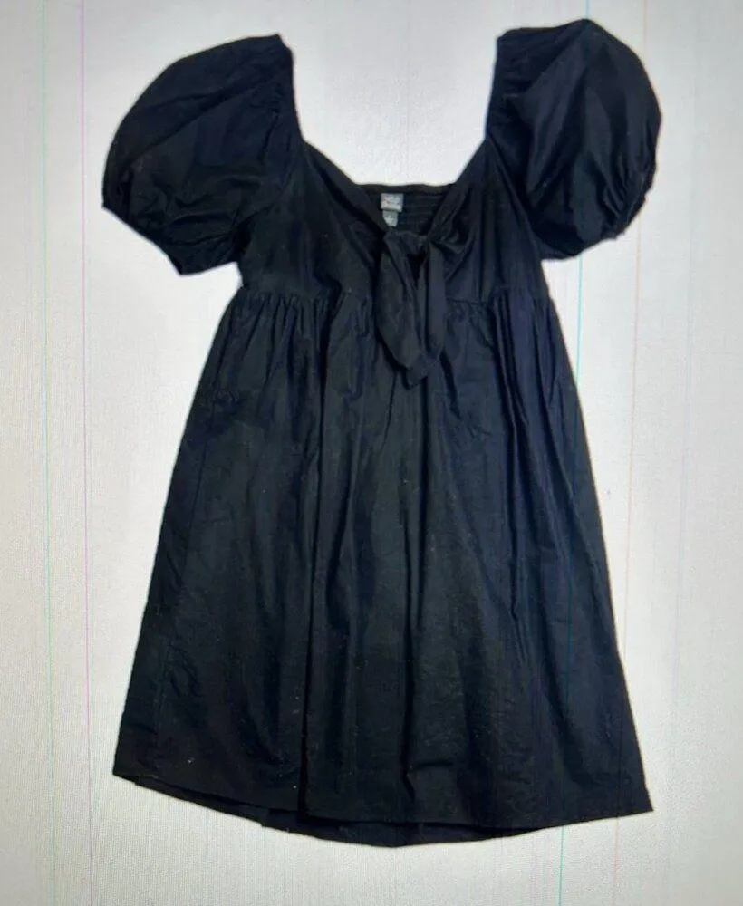 Wild Fable Black Puff Sleeve Mini Dress Tie Front Smocked Back Size M - Image 2