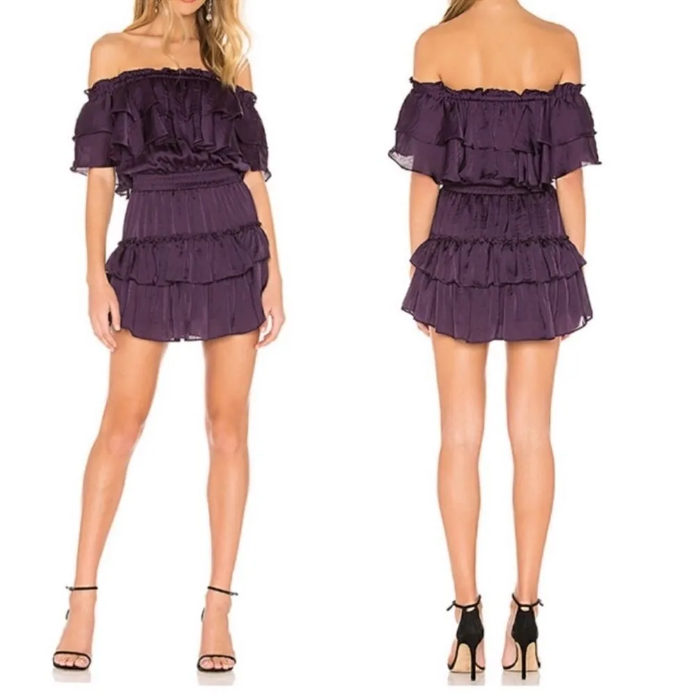 Misa Giada Purple satin ruffle dress off shoulder - Image 4