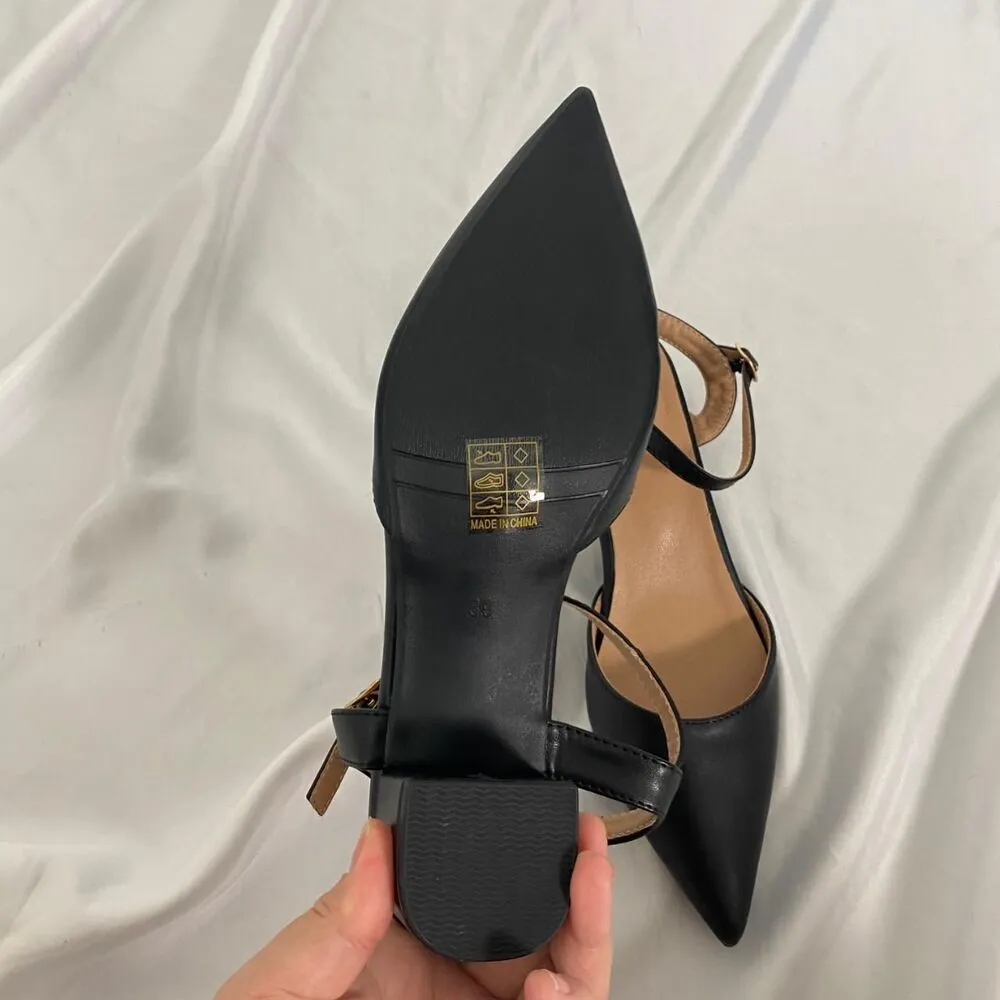 Coquette Black Faux Leather Pointy Toe Block Heel Sling Back Ballerina Heels 8.5 - Image 5