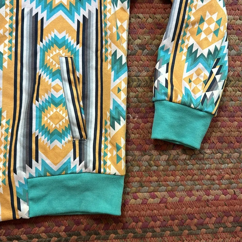 CRAZY TRAIN YELLOW & BLUE AZTEC GEOMETRIC WESTERN COUNTRY COWGIRL BOMBER JACKET - Image 5