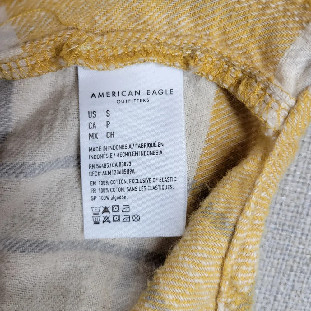 American Eagle Womens Flannel Shirt Size S Yellow White Plaid Button Down Hoodie - Image 6