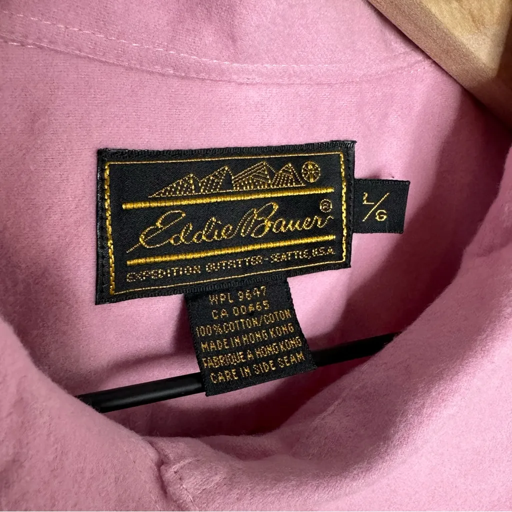 Vintage Eddie Bauer Pink 100% Cotton Asymmetrical Button Up Popover SZ L Fleece - Image 4