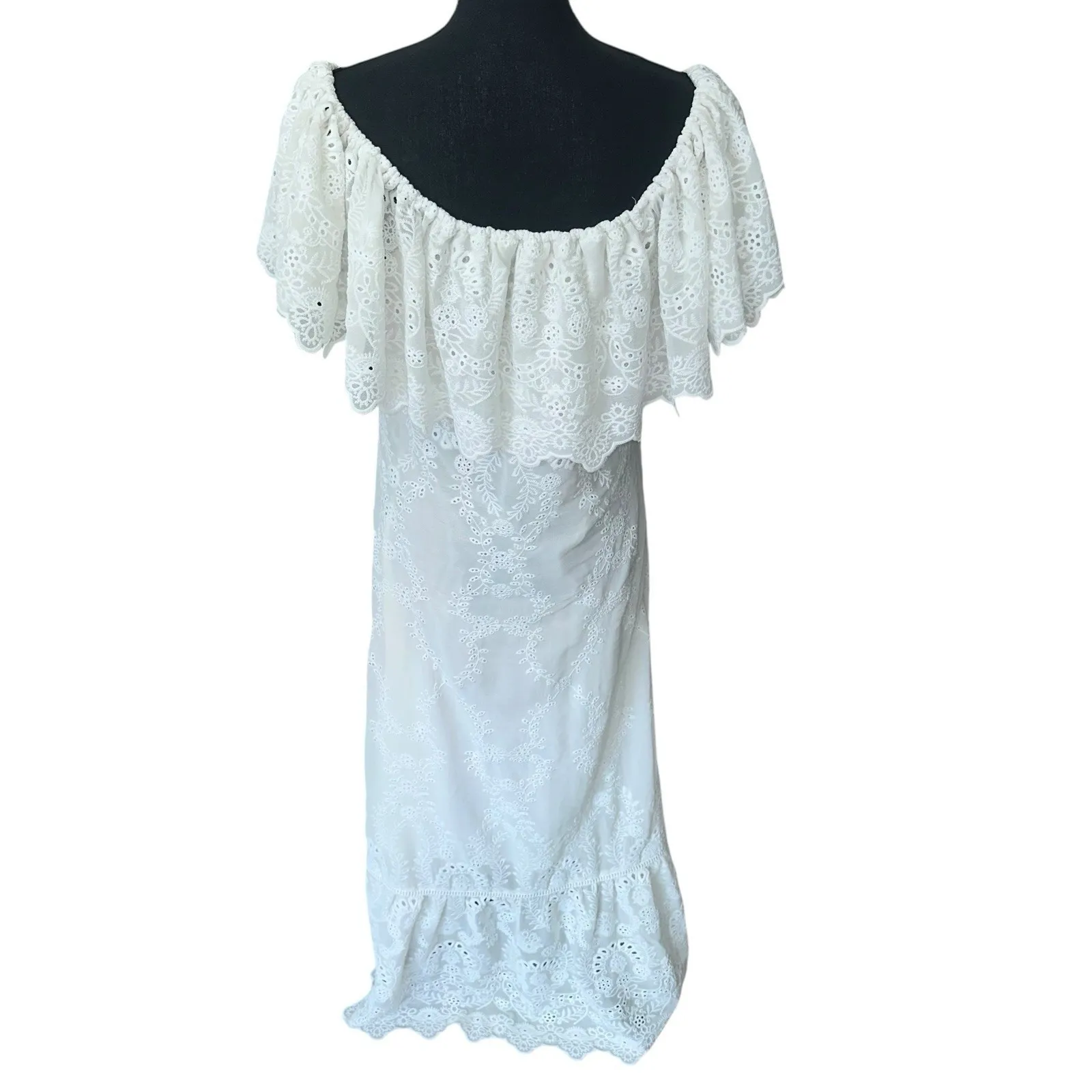 Miss June Womens White Eyelet Lace‎ High Low Dress Size Small On/Off Shoulders - Image 6