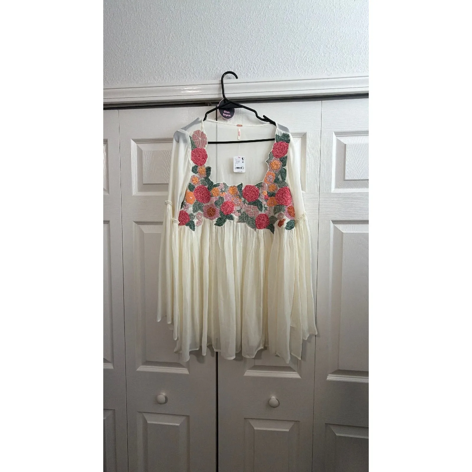 Free People Embroidered Sheer Cream Babydoll Style Top - Image 3