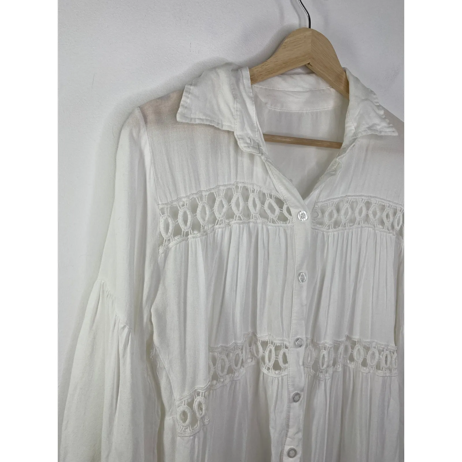 White Button Front Long Sleeve Collared Cotton Tunic Dress Women's One Size OS - Image 4