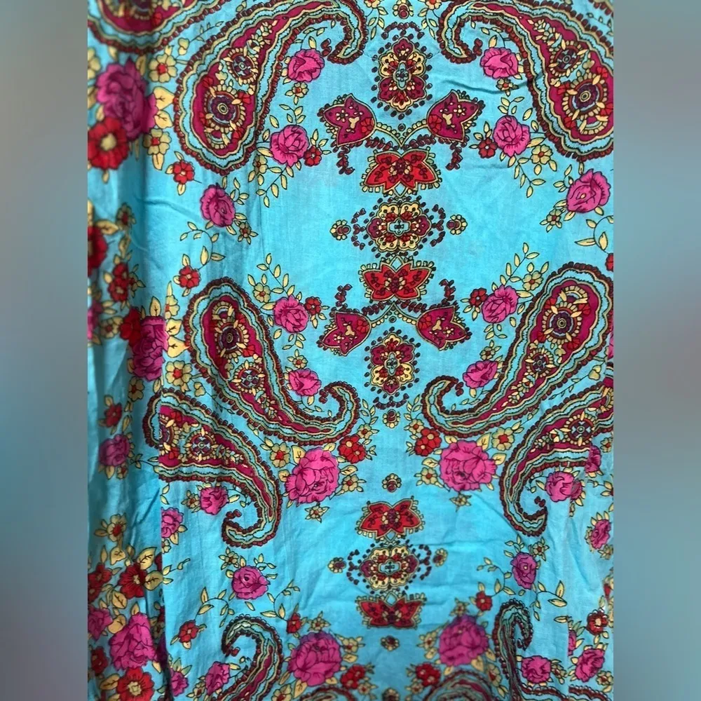 Boho Turquoise Paisley Tunic Top Medium 100% Cotton Festival V - Image 11