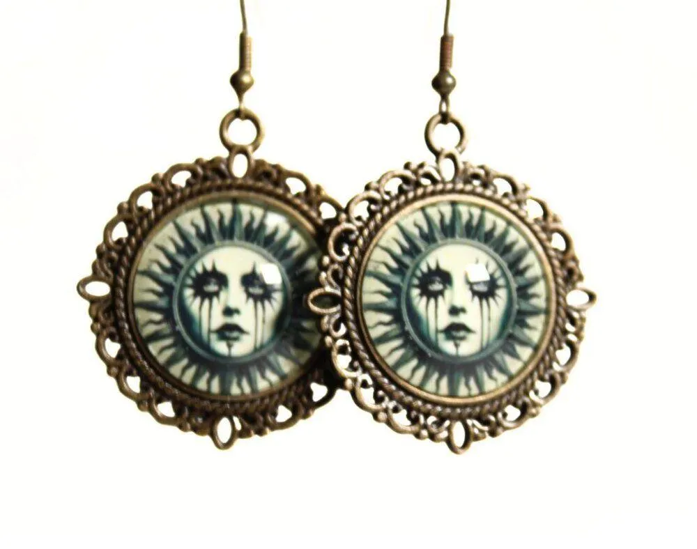 Gothic Victorian “Weeping Solstice” Celestial Sun Cameo Earrings Witchy - Image 4