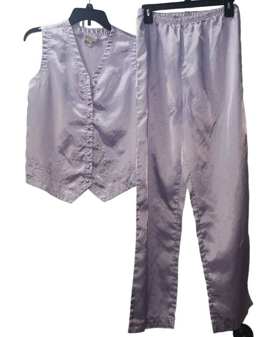 Katherine Casual Elegance Vest and Pants Set Embroidered Details Size Small Purple - Image 1