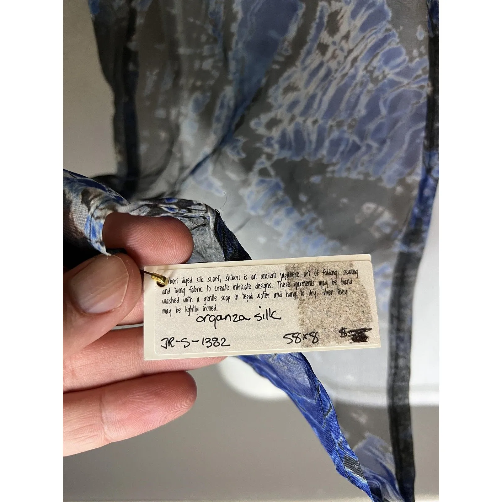 Shibori Organza Silk Scarf Womens 58x8 Black Blue Sheer Lightweight Tie Dye - Image 6