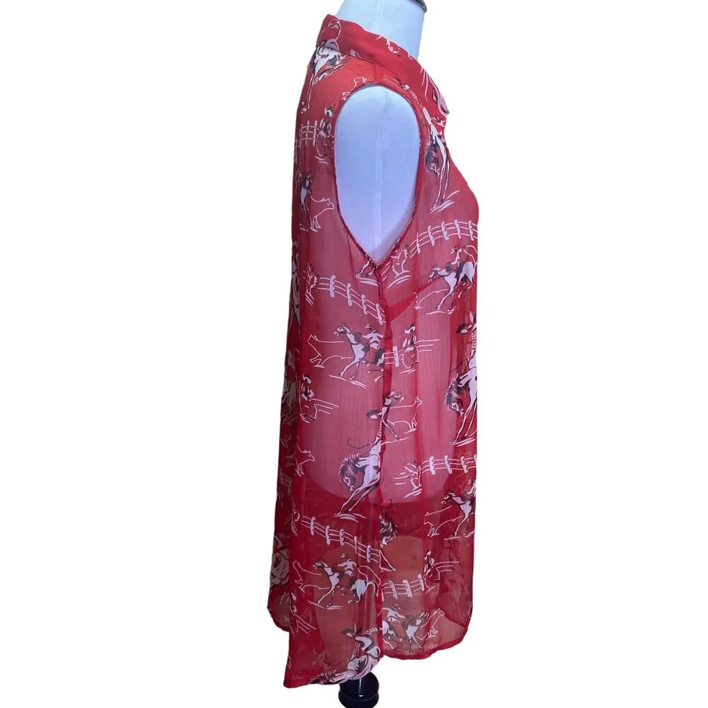 Pink Cattlelac Western Rodeo Bucking Horse Sleeveless Sheer Blouse NEW Medium Red - Image 5