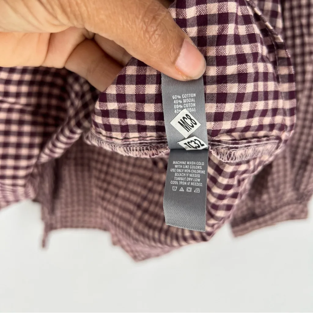 Aerie Gingham Checkered Grommet V-Neck Long Puff Sleeve Oversized Blouse Size S - Image 7