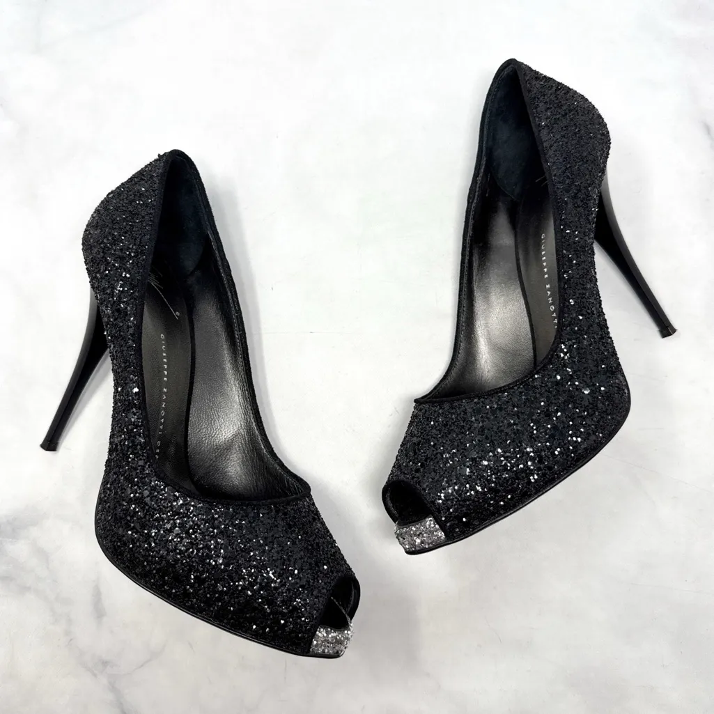 Giuseppe Zanotti Glitter Textured Platform Open Peep Toe Pumps Heels Black 39.5 - Image 2