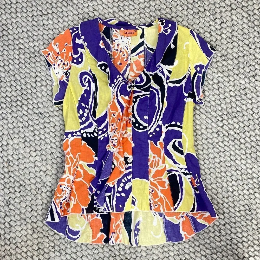 Sequel Abstract Paisley Tie Neck Panel Button‎ Front Shirt Purple Multi 8 - Image 12