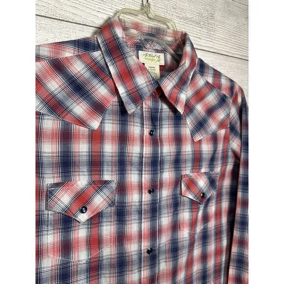 Wrangler Small As Real As Large Red Blue Plaid Western Snap Button‎ Womens Shirt - Image 3