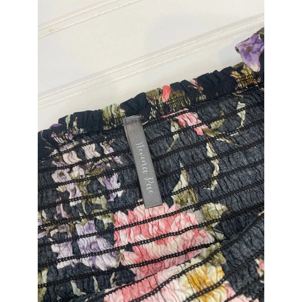 Nevena Rae Womens Jumpsuit Floral Multicolor Smocked Button Short Sleeve Size L Black Size L - Image 6