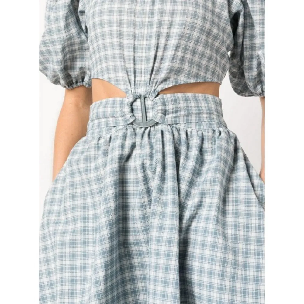 JONATHAN SIMKHAI Soo Seersucker Plaid Puff Sleeve Cutout Mini Dress Blue XS NWOT - Image 4