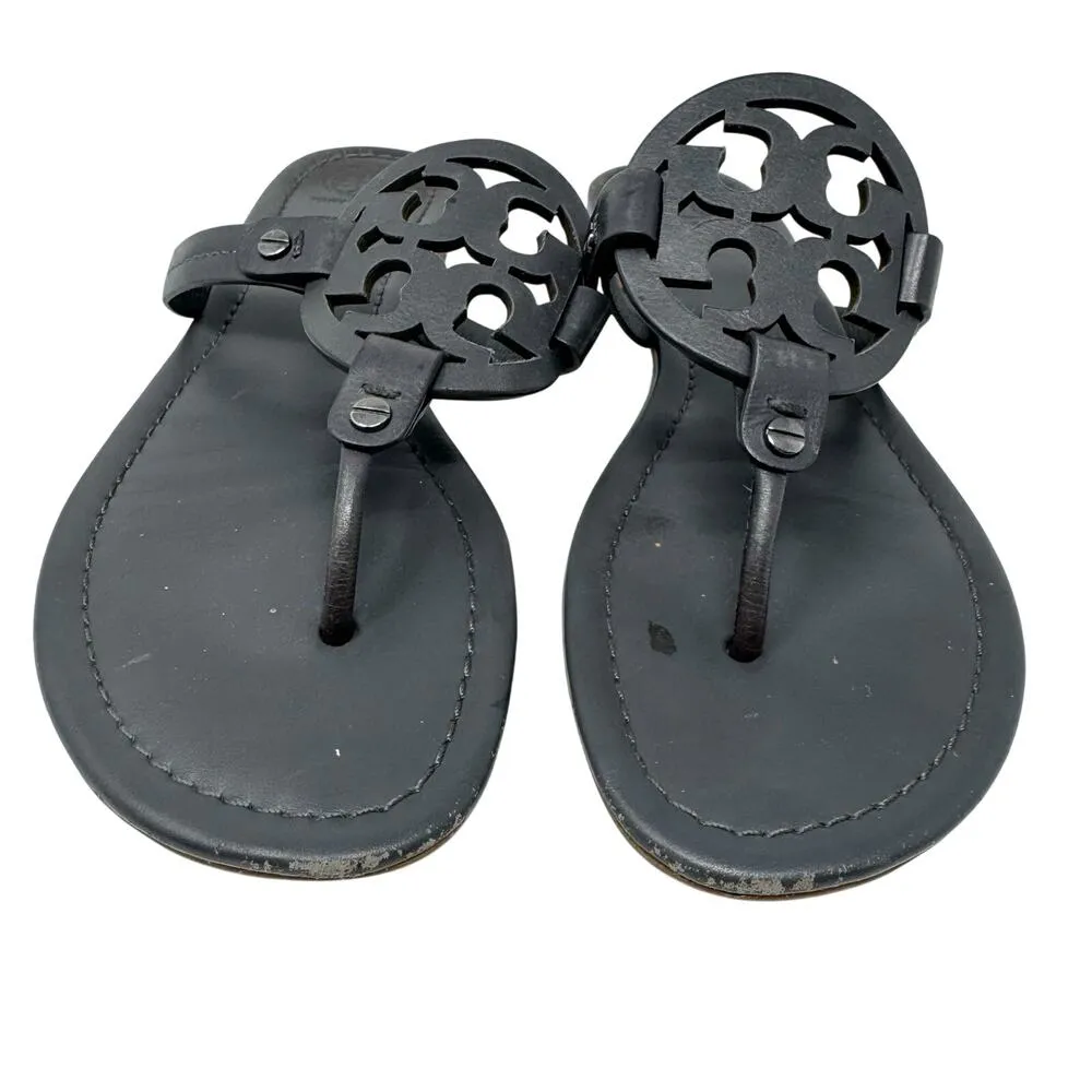 TORY BURCH Gray Grey Patent Leather Miller Classic Designer Logo Sandals Sz 8.5 - Image 2