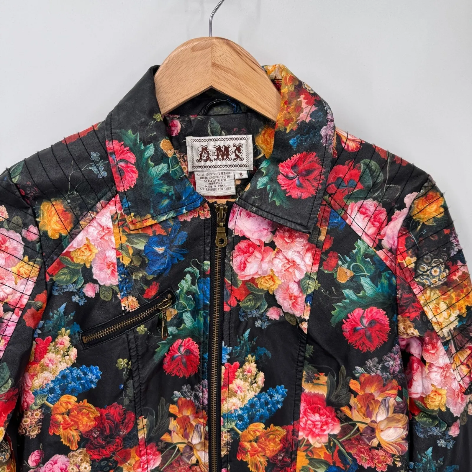 Vintage‎ Y2K Whimsigoth A.M.I Faux Leather Moto Jacket Small Black Flower Print - Image 2