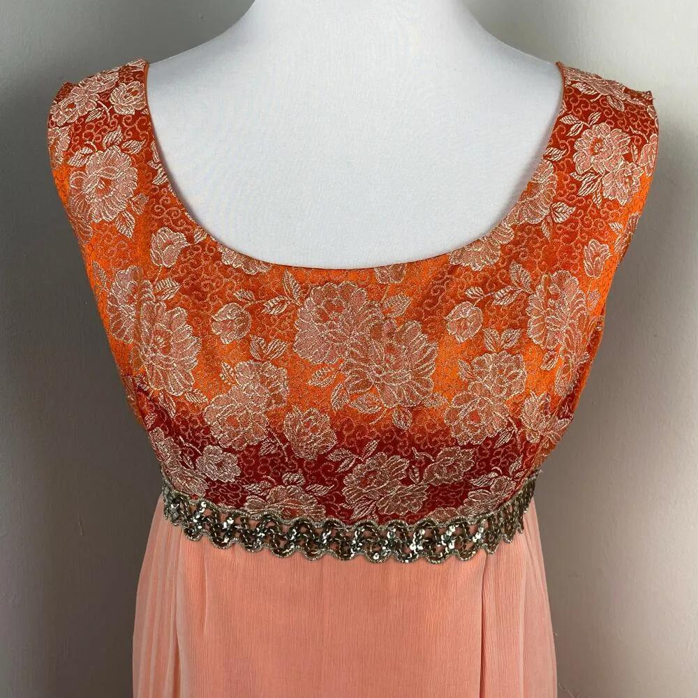 Vintage 60s Orange Empire Waist Sleeveless Chiffon Maxi Gown Size M - Image 3