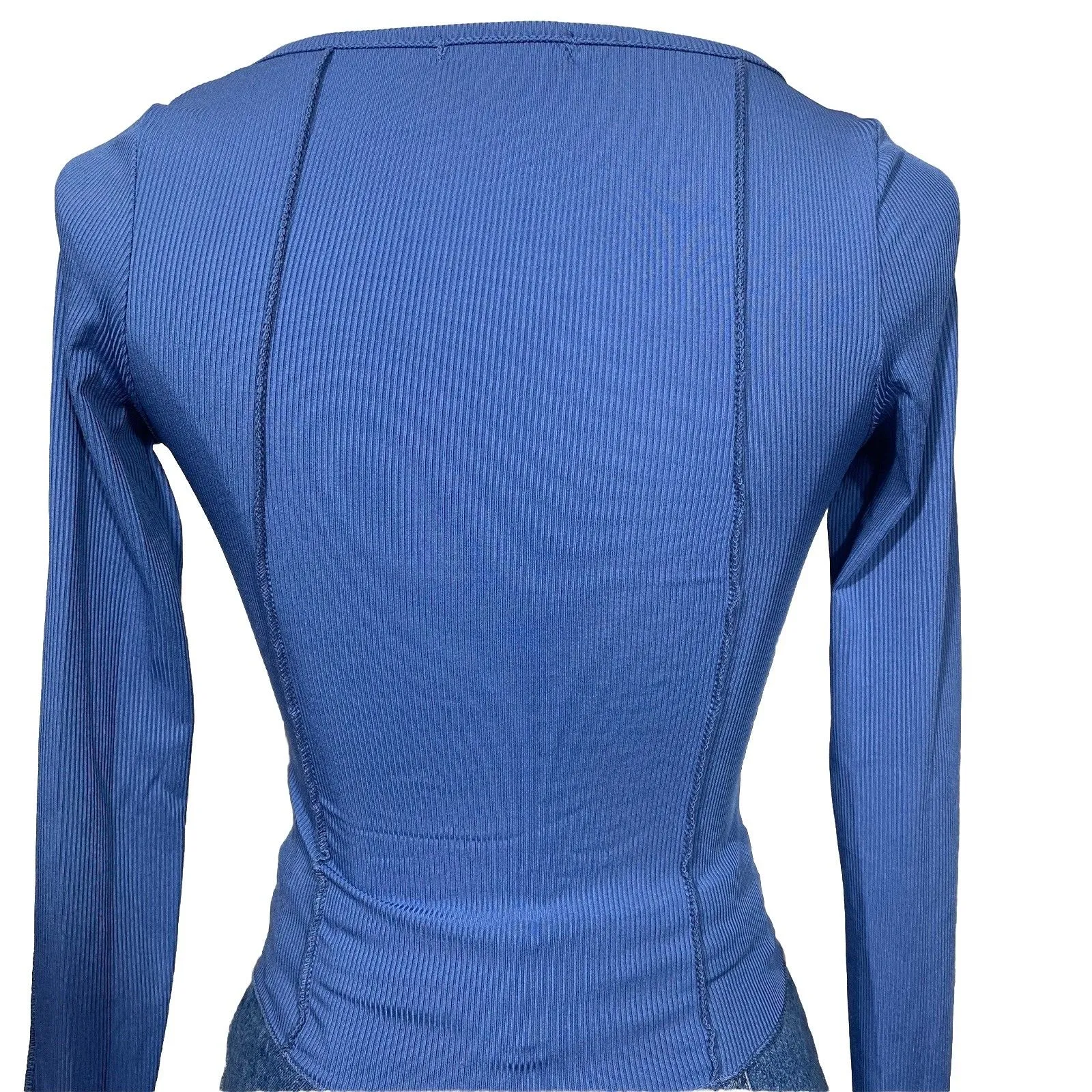Blue Ribbed Square Neck Long Sleeve Button Front Top Size S Korean Aesthetic - Image 4