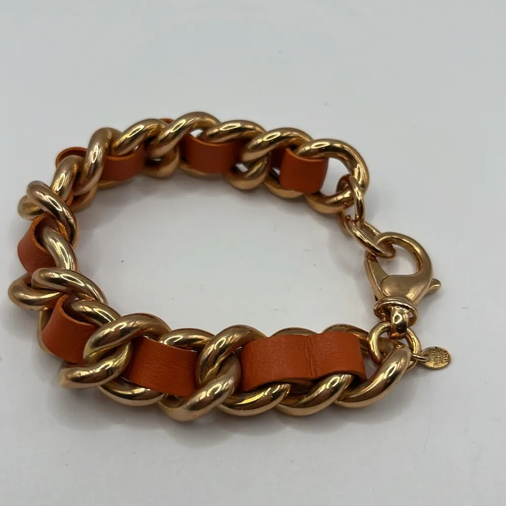 Chunky Milor Italy Designer Bronze Rose Gold Orange Leather Chain Link Bracelet - Image 3