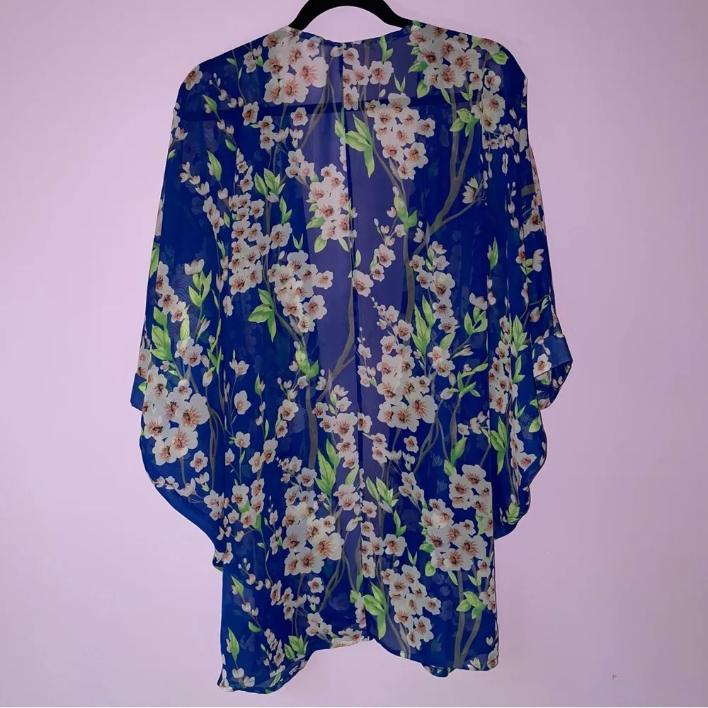 Chiffon Cardigan M Blue Floral Print Dolman Sleeve Open Front Swim Cover Up Size M - Image 4