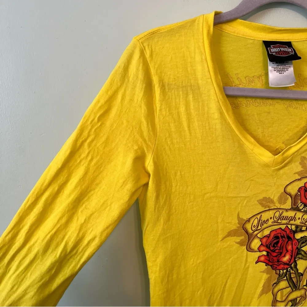 Harley Davidson Tee Yellow 3/4 Sleeves Live Laugh Love Ride Top Sz S GUC - Image 3