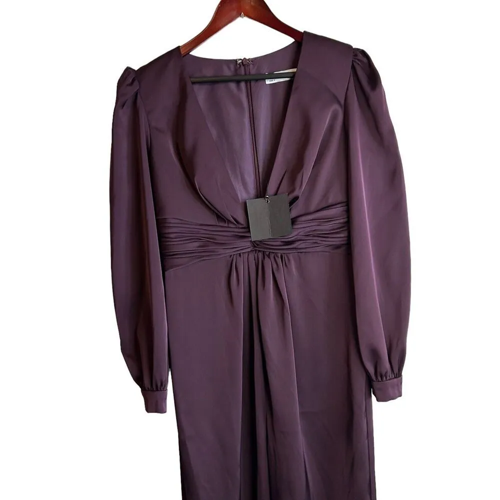 MAC DUGGAL IEENA Plunge V-Neck Long Sleeve Satin Jumpsuit in Plum Purple Size 8 - Image 5
