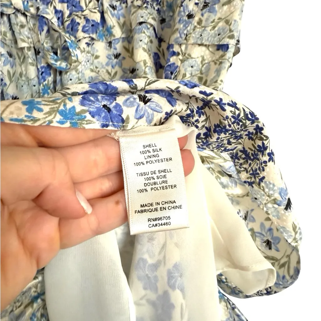 Rebecca Taylor 100% Silk Blue Purple Floral Ruffle Sleeve Dress Tie Waist 6 - Image 6